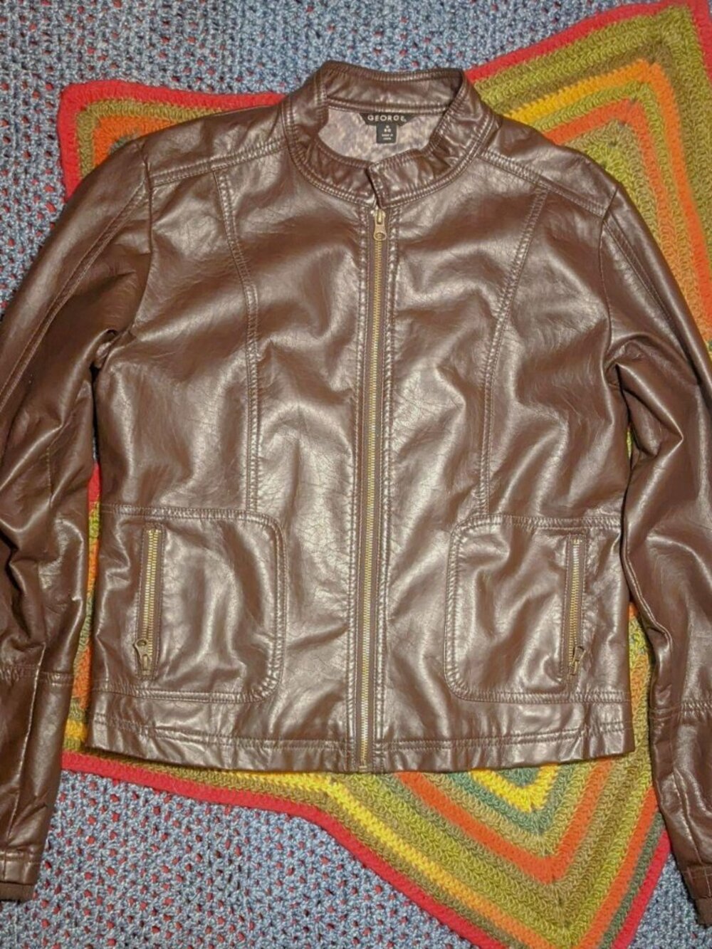 Y2K Brown Faux Leather Moto Jacket, Unisex, Size M